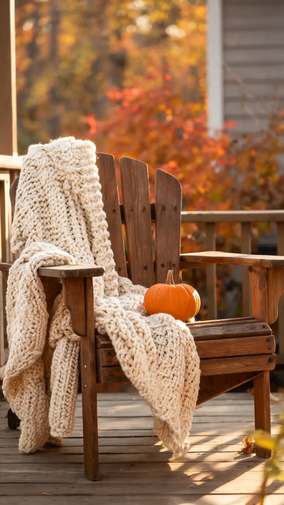 Chunky knit throw draped over a porch chair for fall