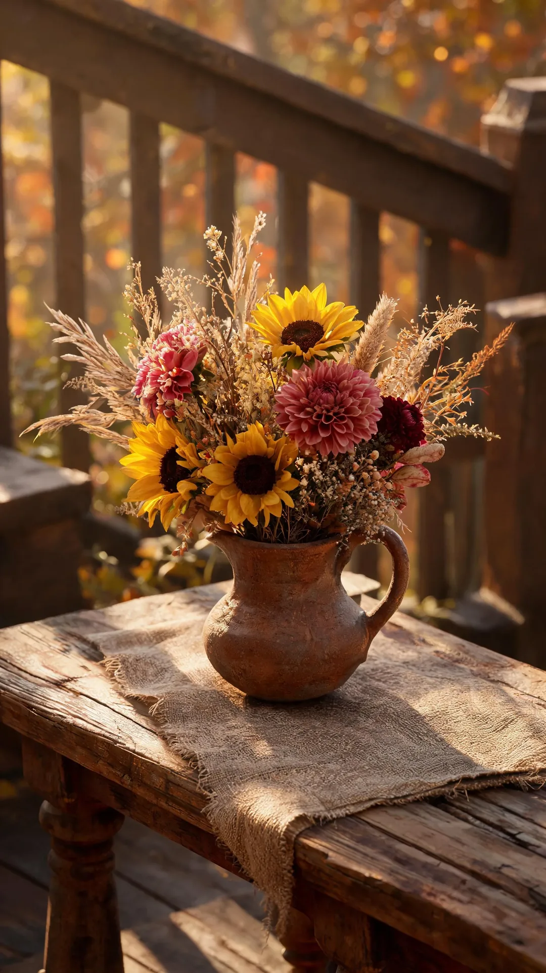 Sunflowers and fall florals in a pitcher on a porch