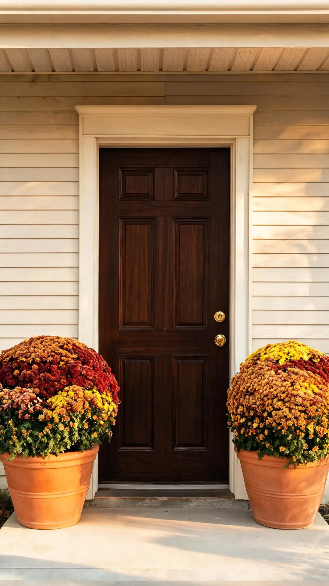 Rust and gold mums in planters on a fall front porch
