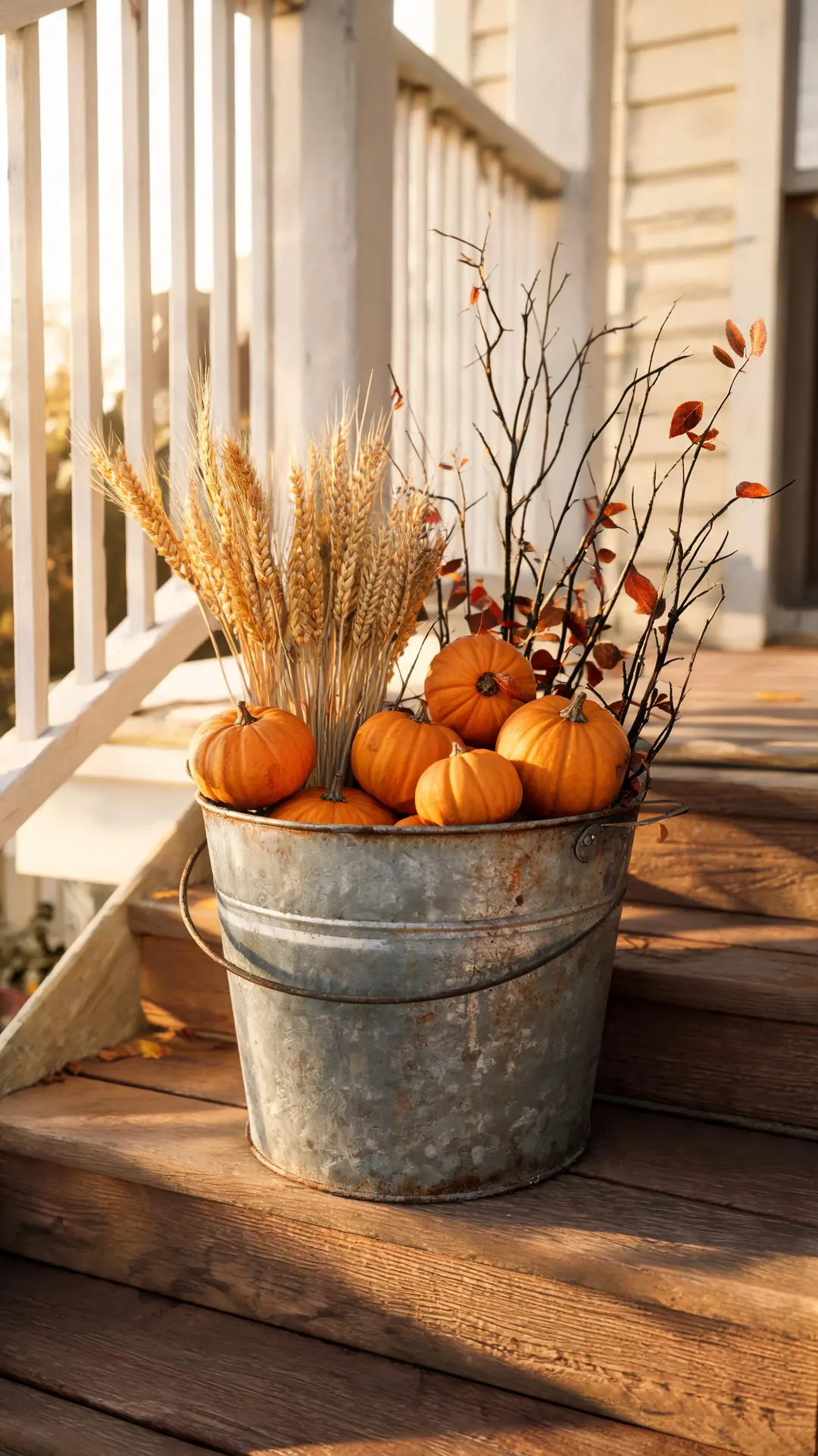 Galvanized bucket filled with pumpkins and stems on a porch