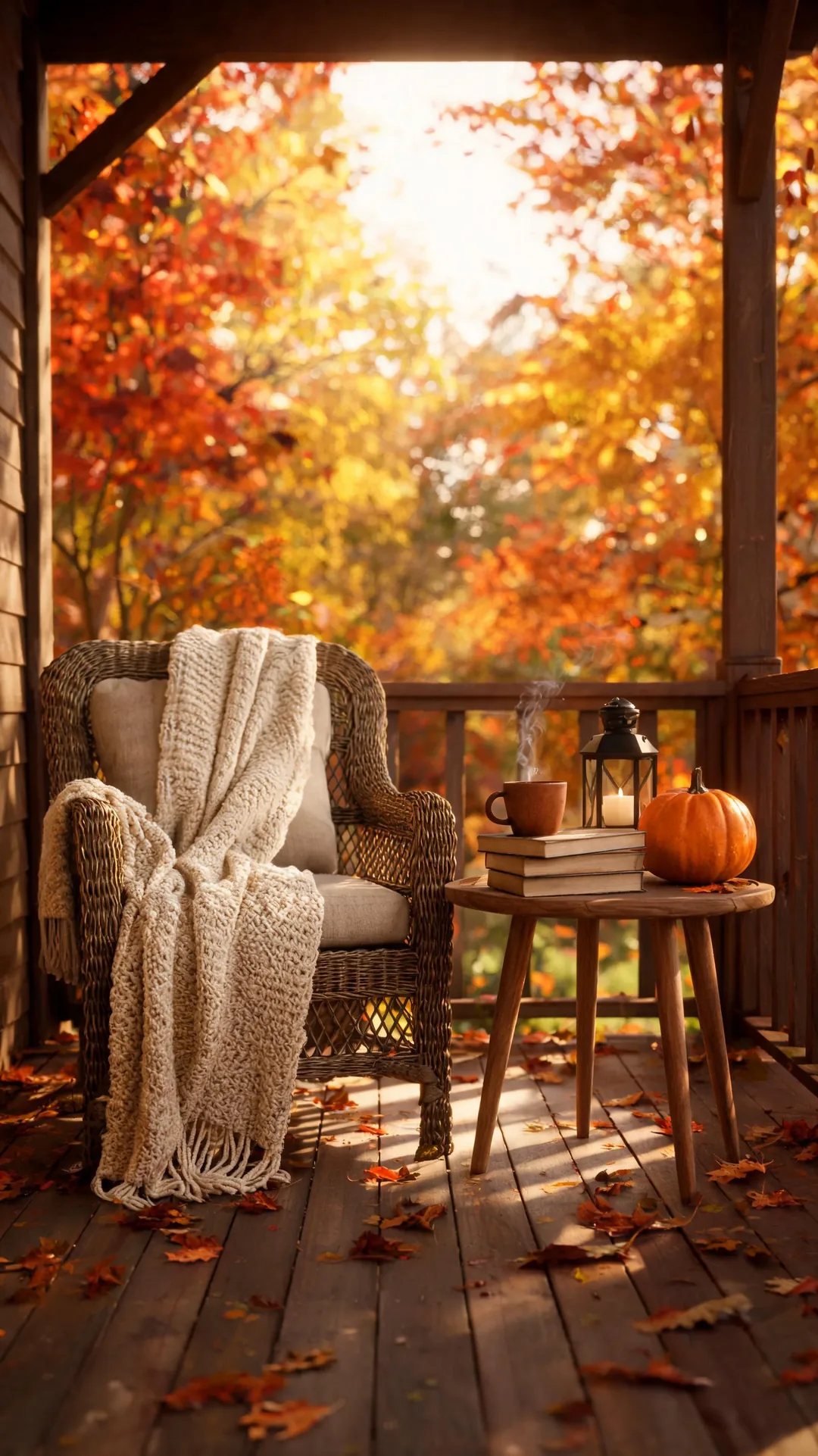 Cozy porch reading corner styled for fall