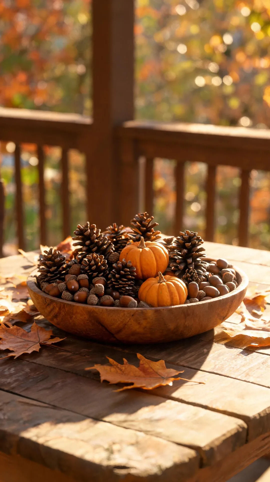 Bowl of pinecones and acorns on a fall porch table