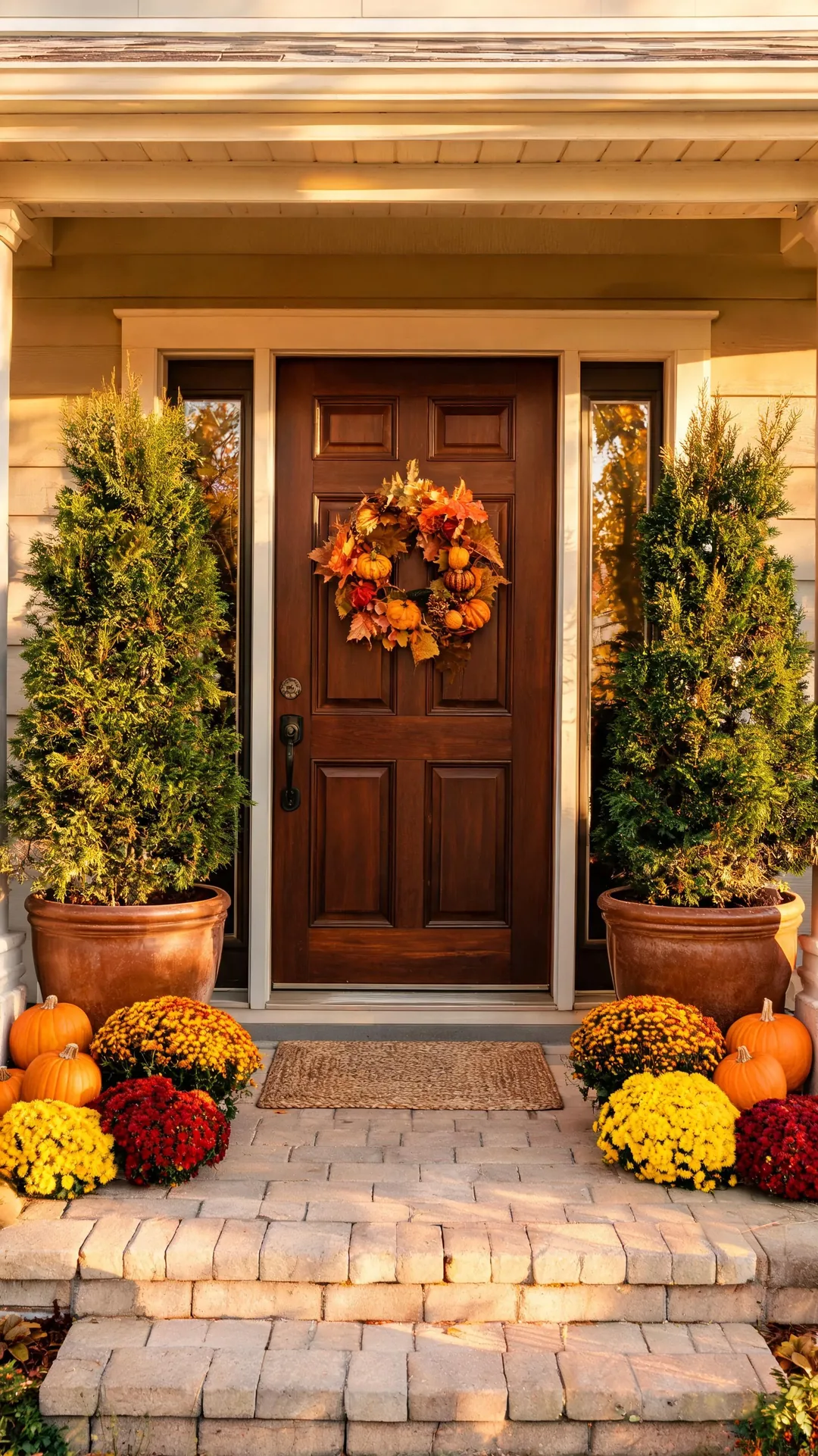 Potted evergreens with fall accents framing a front door