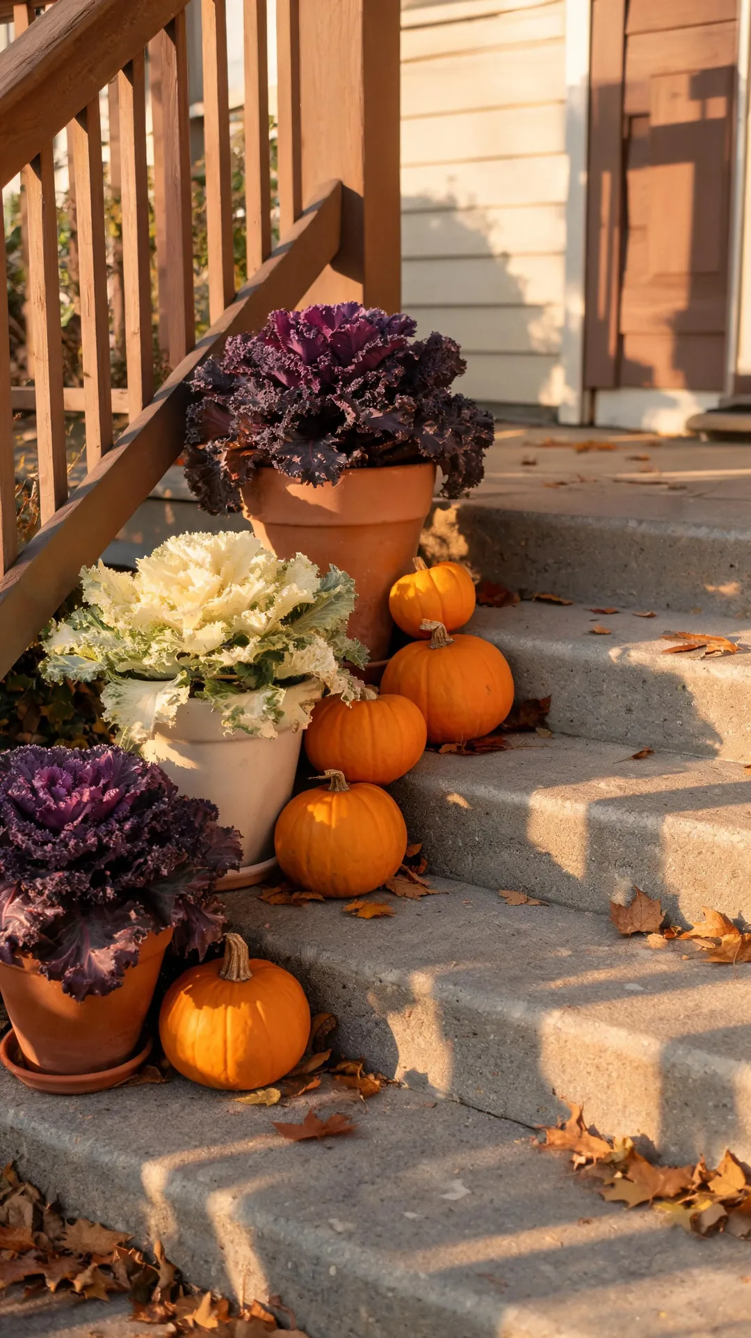Ornamental kale and cabbage in pots on a fall porch