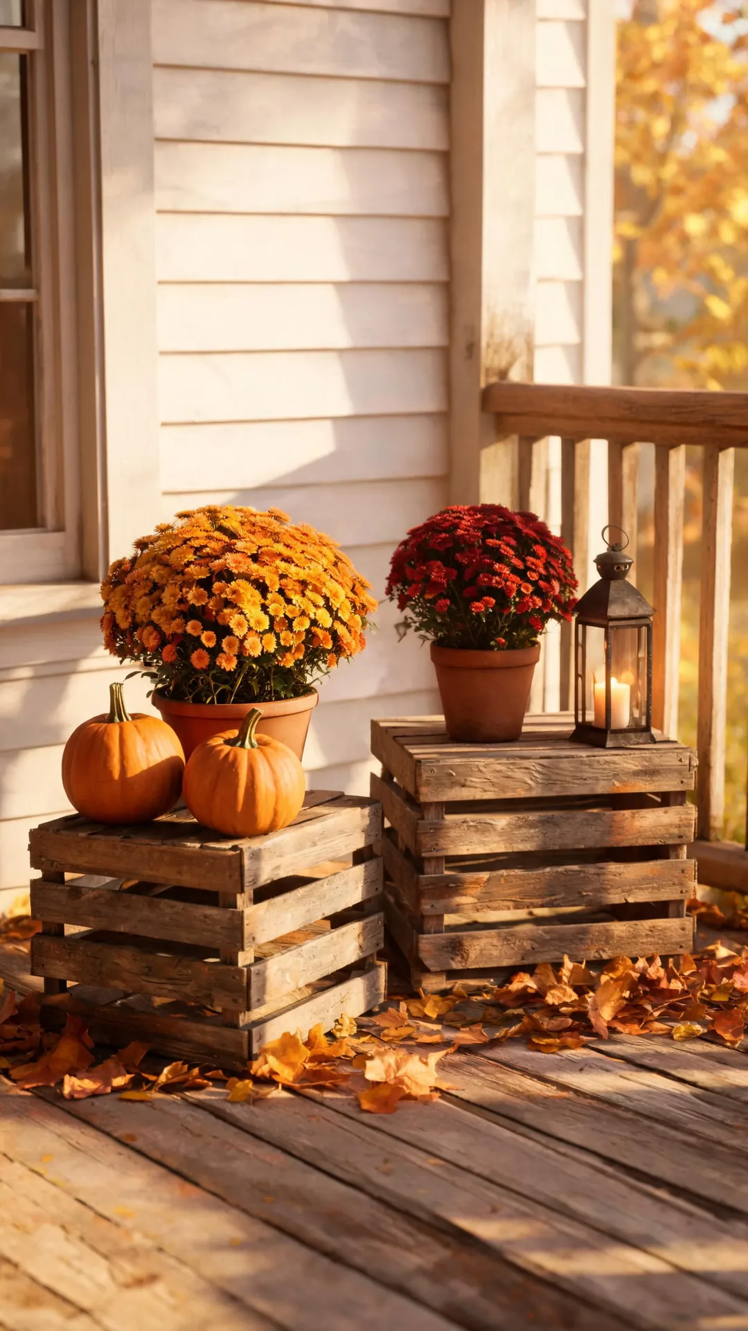 Wooden crates stacked as risers with pumpkins on a porch
