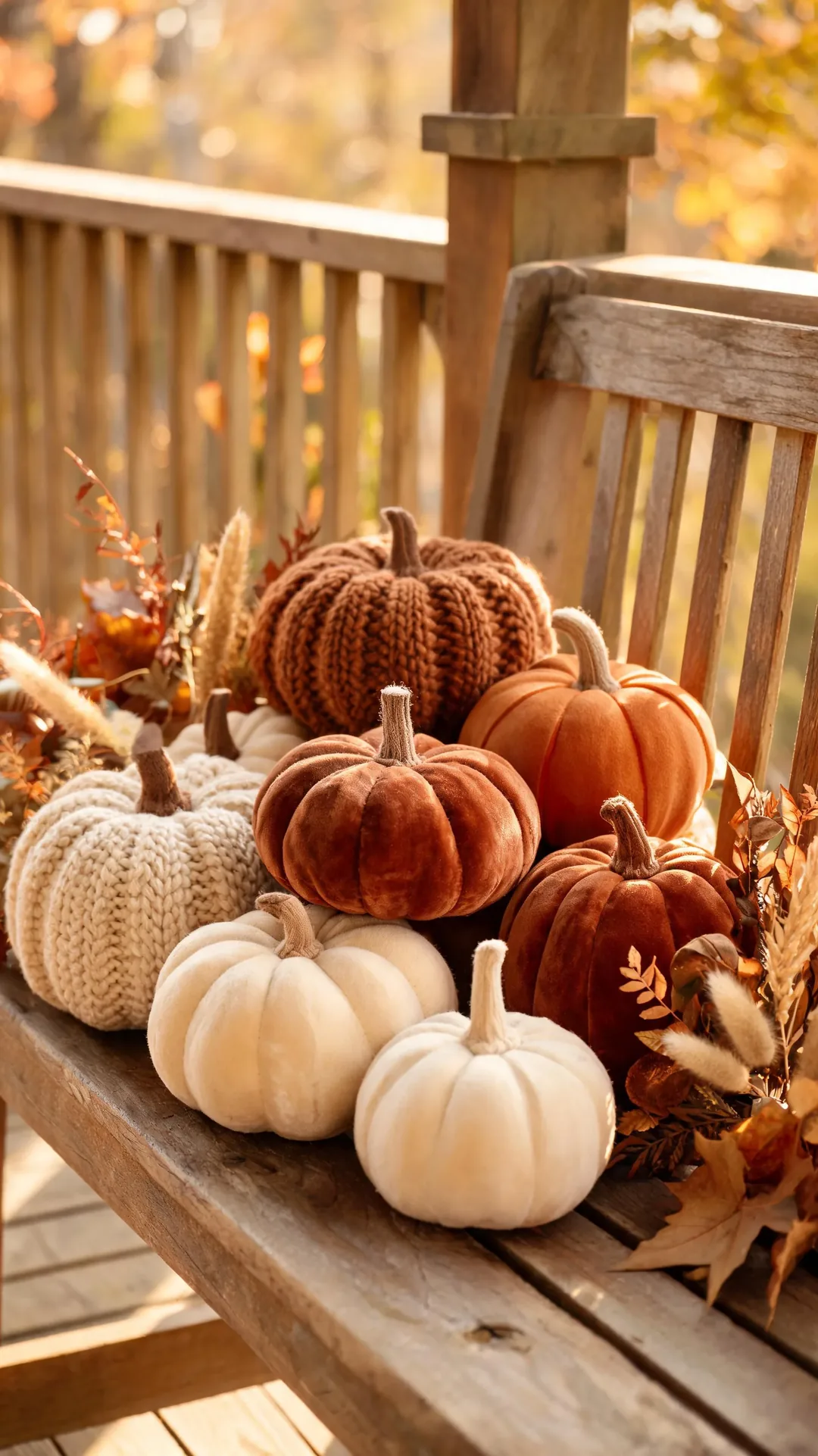 Soft knit and velvet pumpkins on a fall porch bench