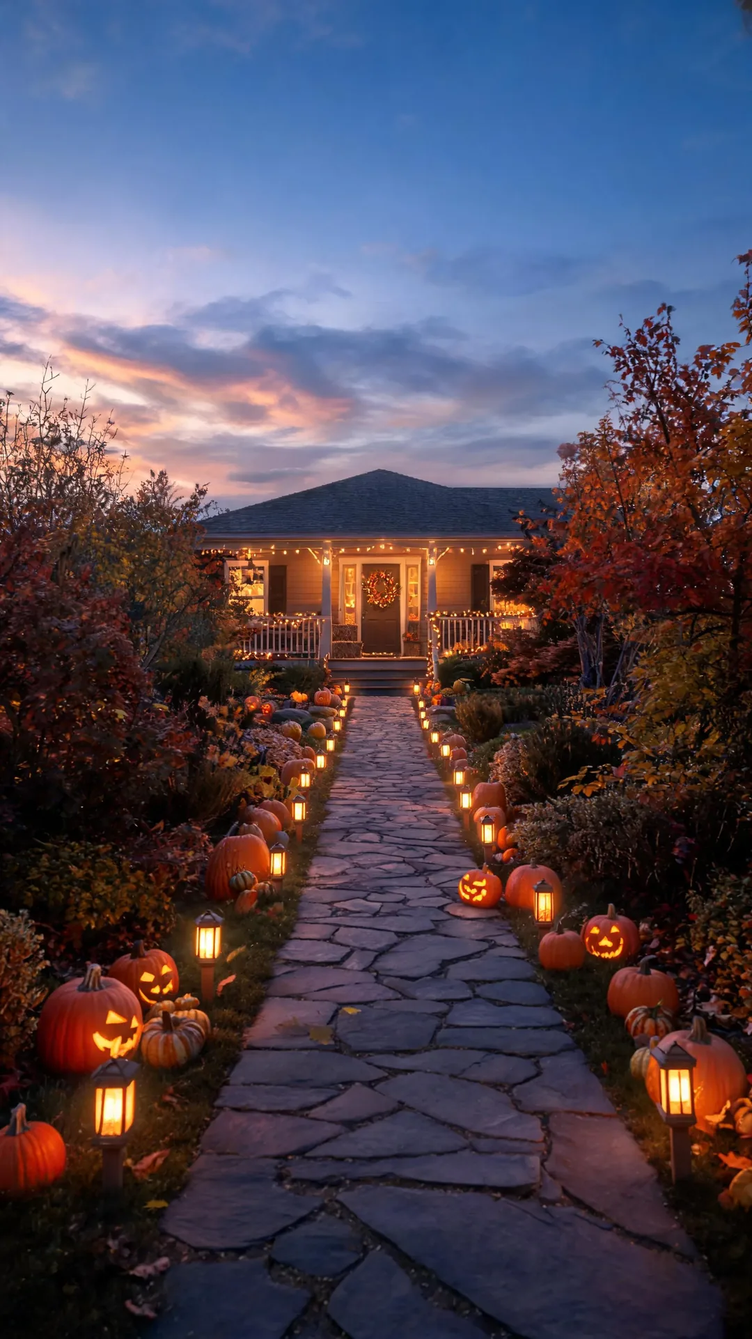 Mini lanterns lighting a path to a fall front porch
