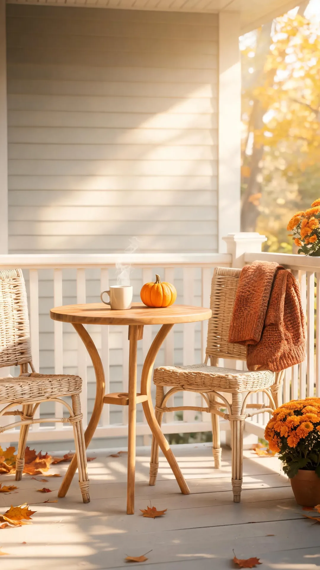 Small bistro table set for coffee on a fall porch