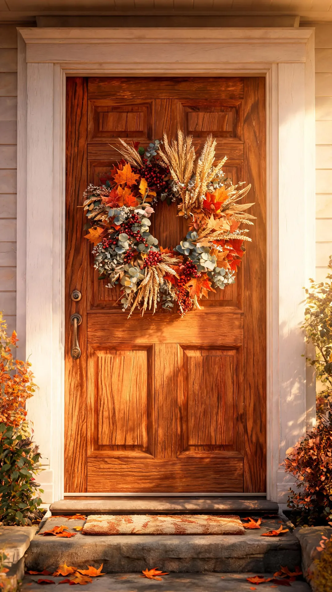 Fall wreath of dried wheat and maple leaves on a front door