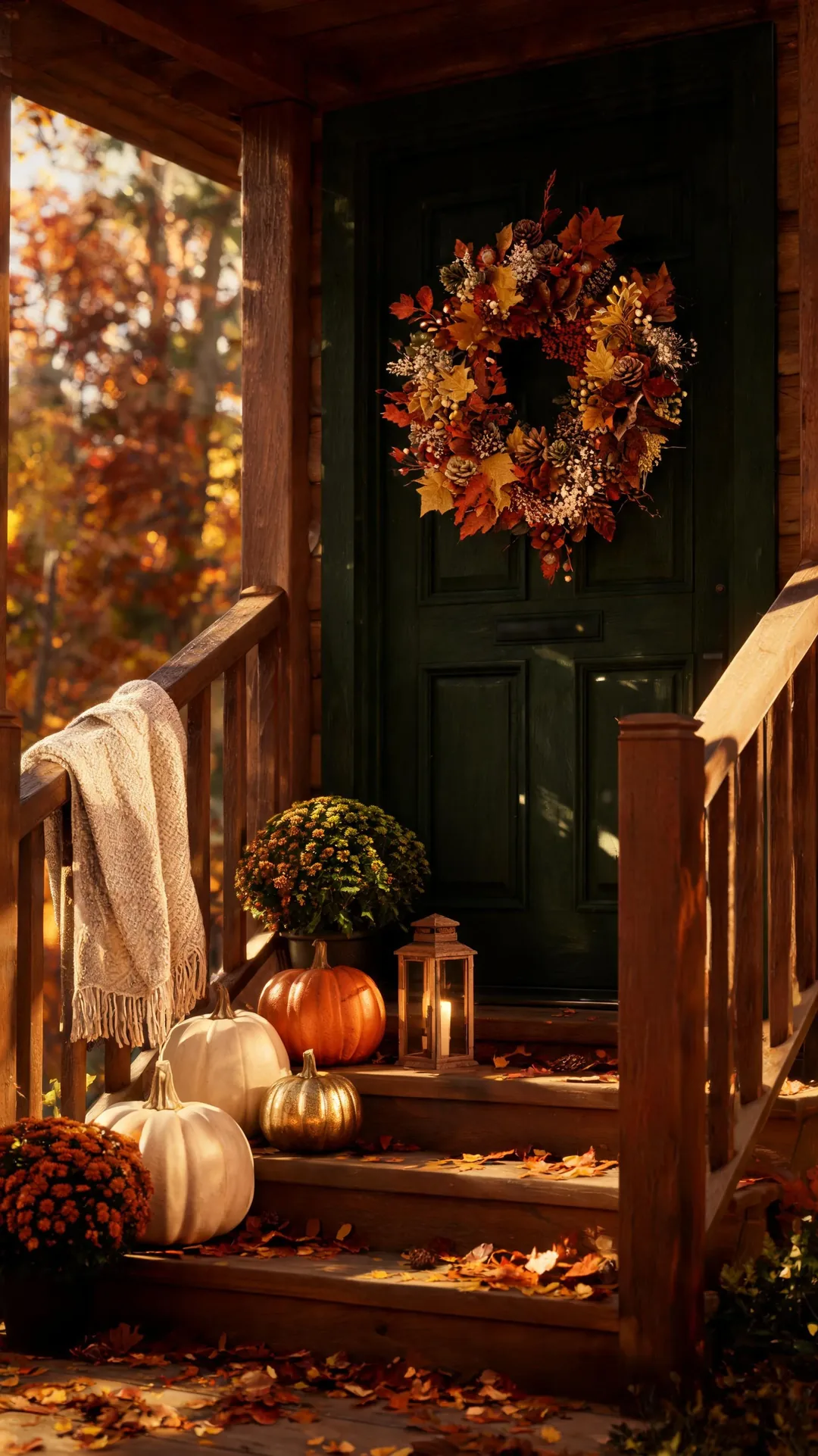 Cohesive fall front porch decor in a warm color palette