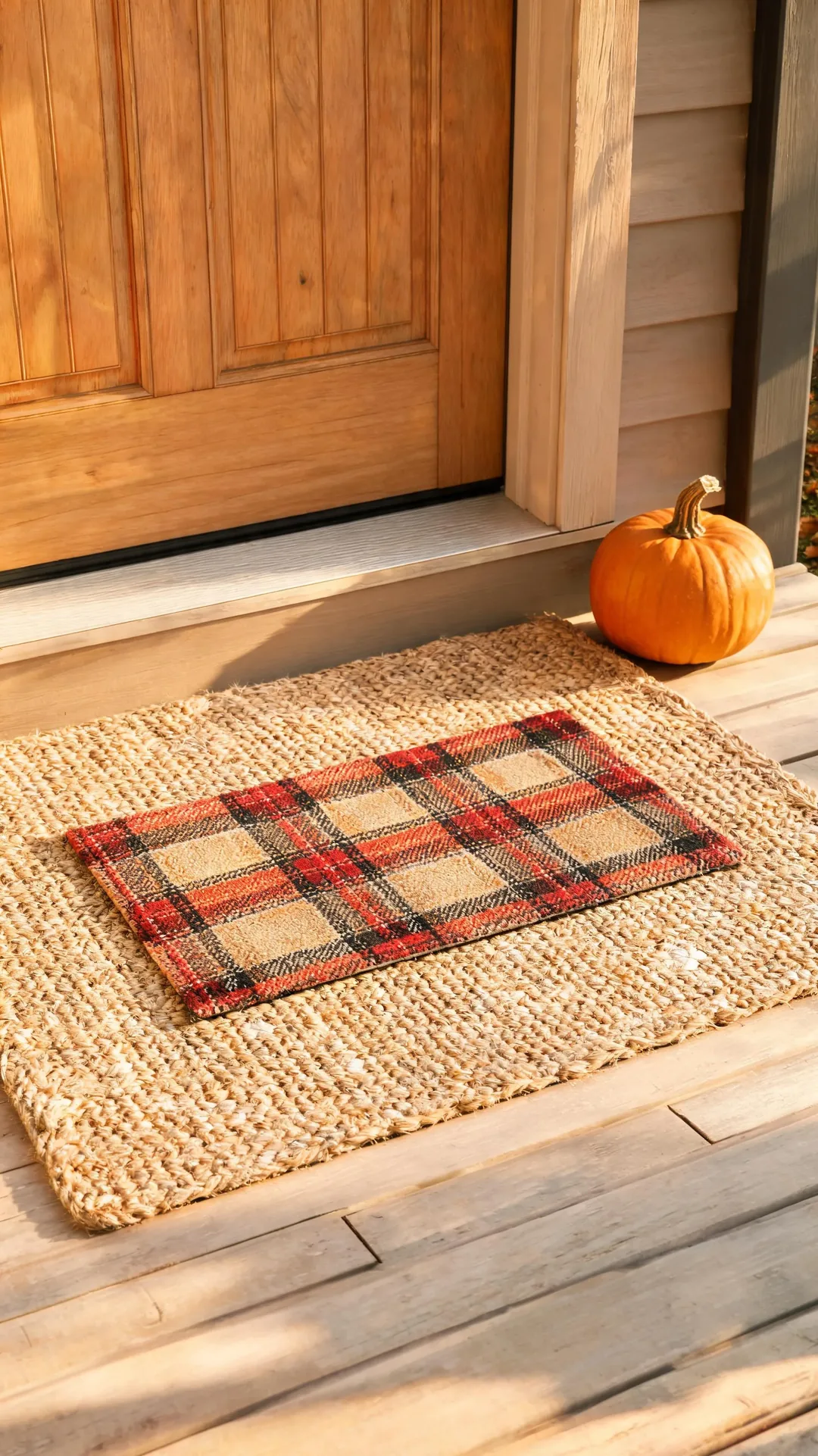 Layered jute and plaid welcome mats on a fall porch