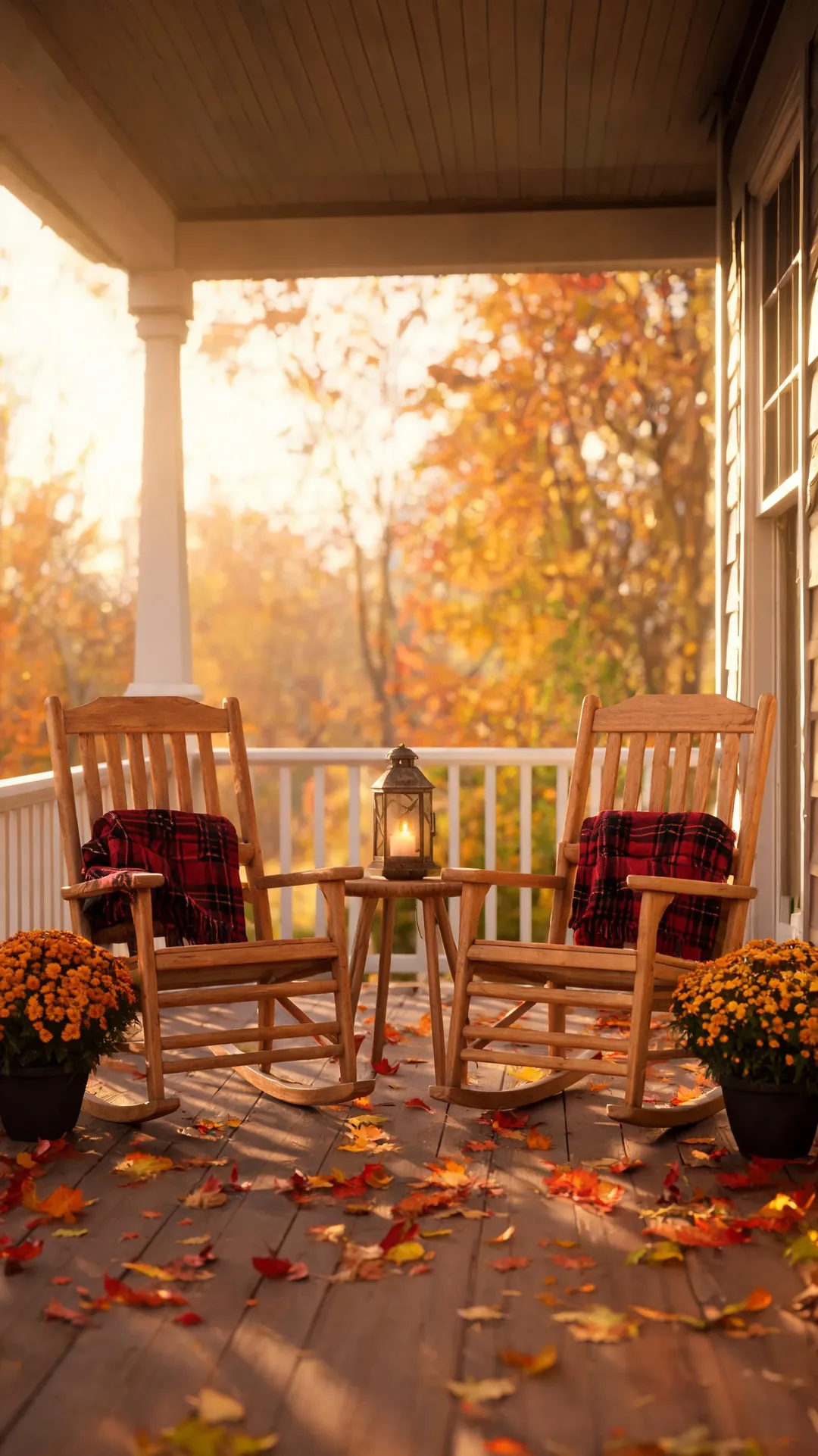 Rocking chairs with plaid throws on a cozy fall porch