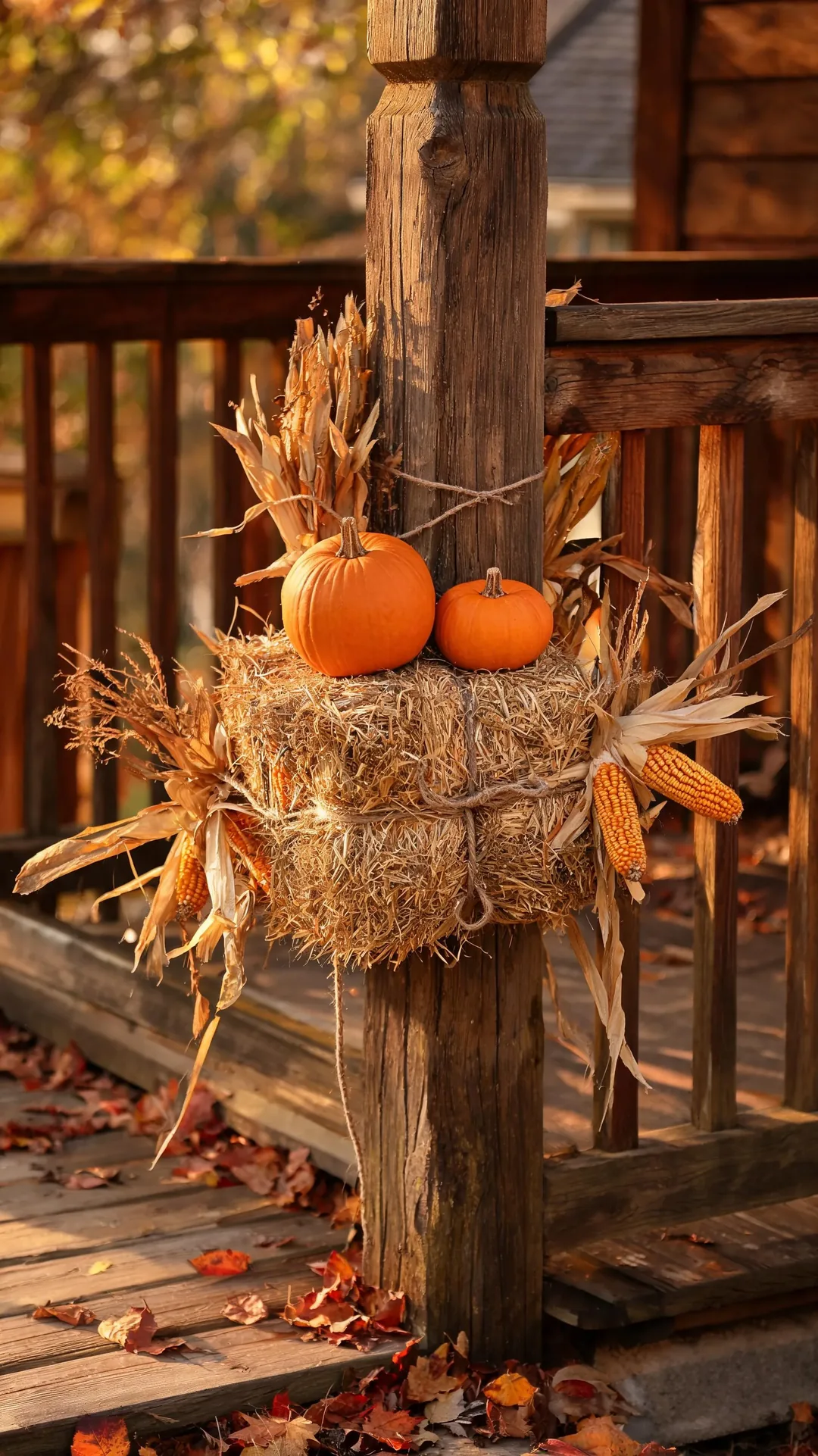 Hay bales and cornstalks decorating a farmhouse fall porch