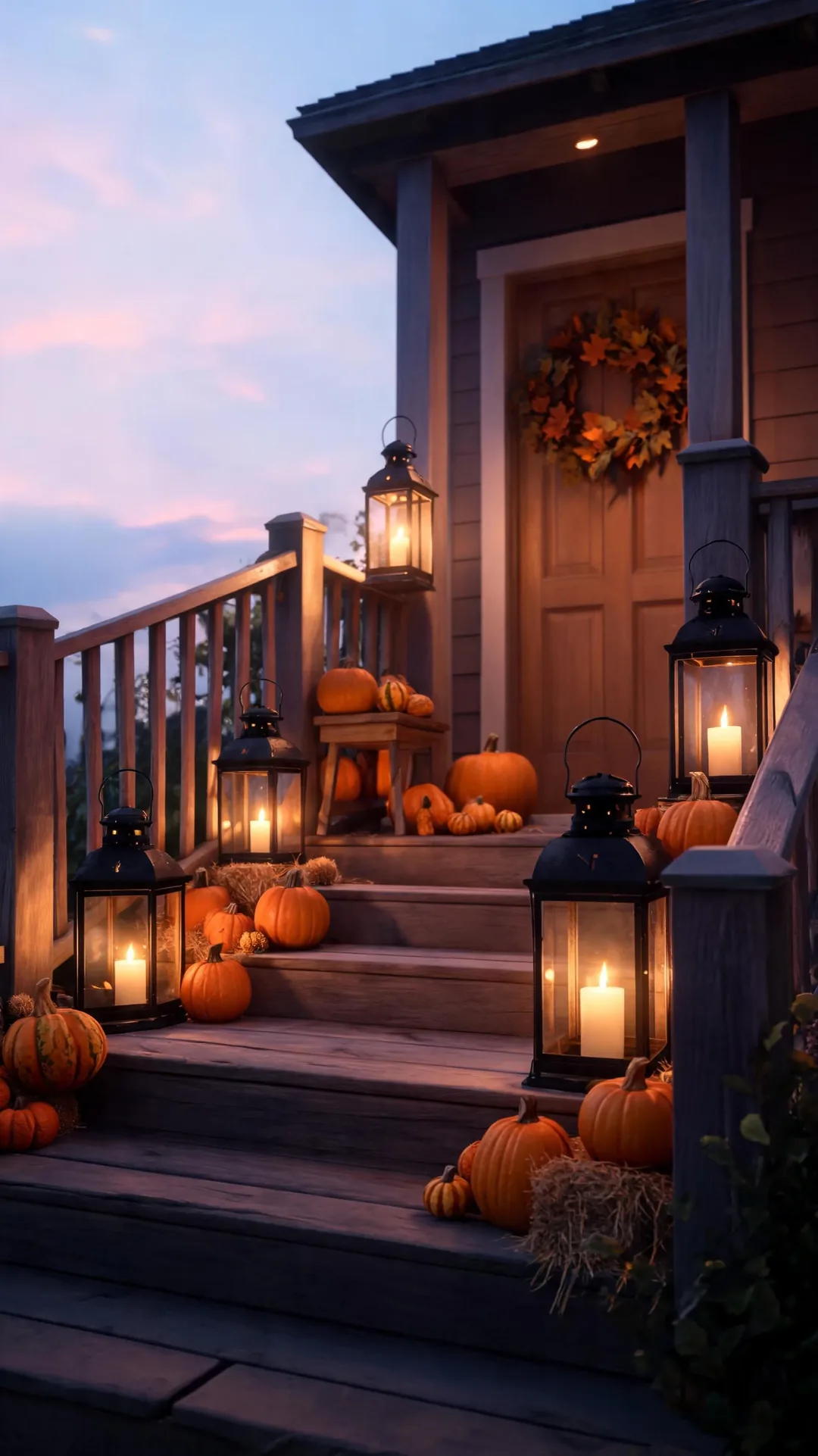 Warm lanterns glowing on a fall front porch at dusk