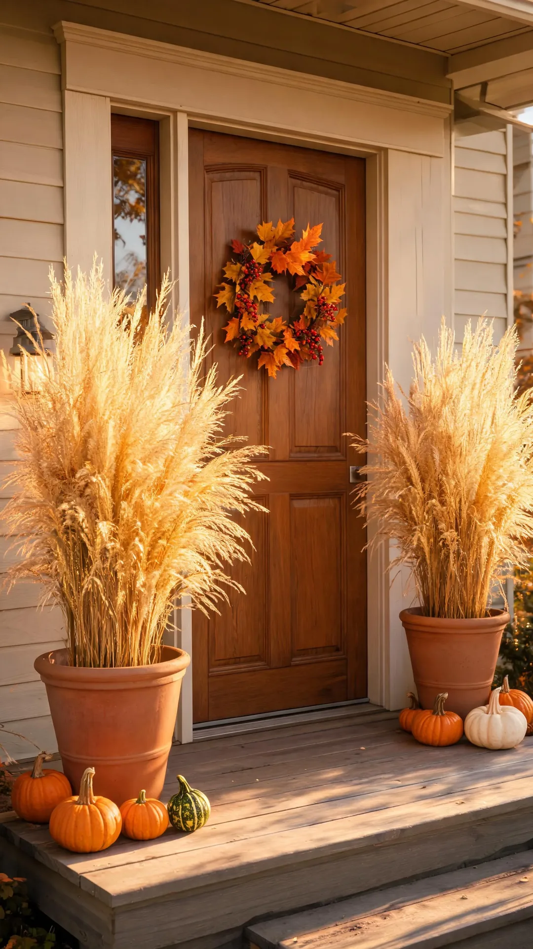 Tall ornamental grasses in pots on a fall porch