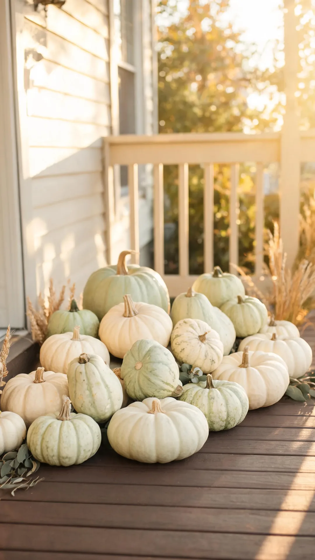 White and pale heirloom pumpkins on a neutral fall porch