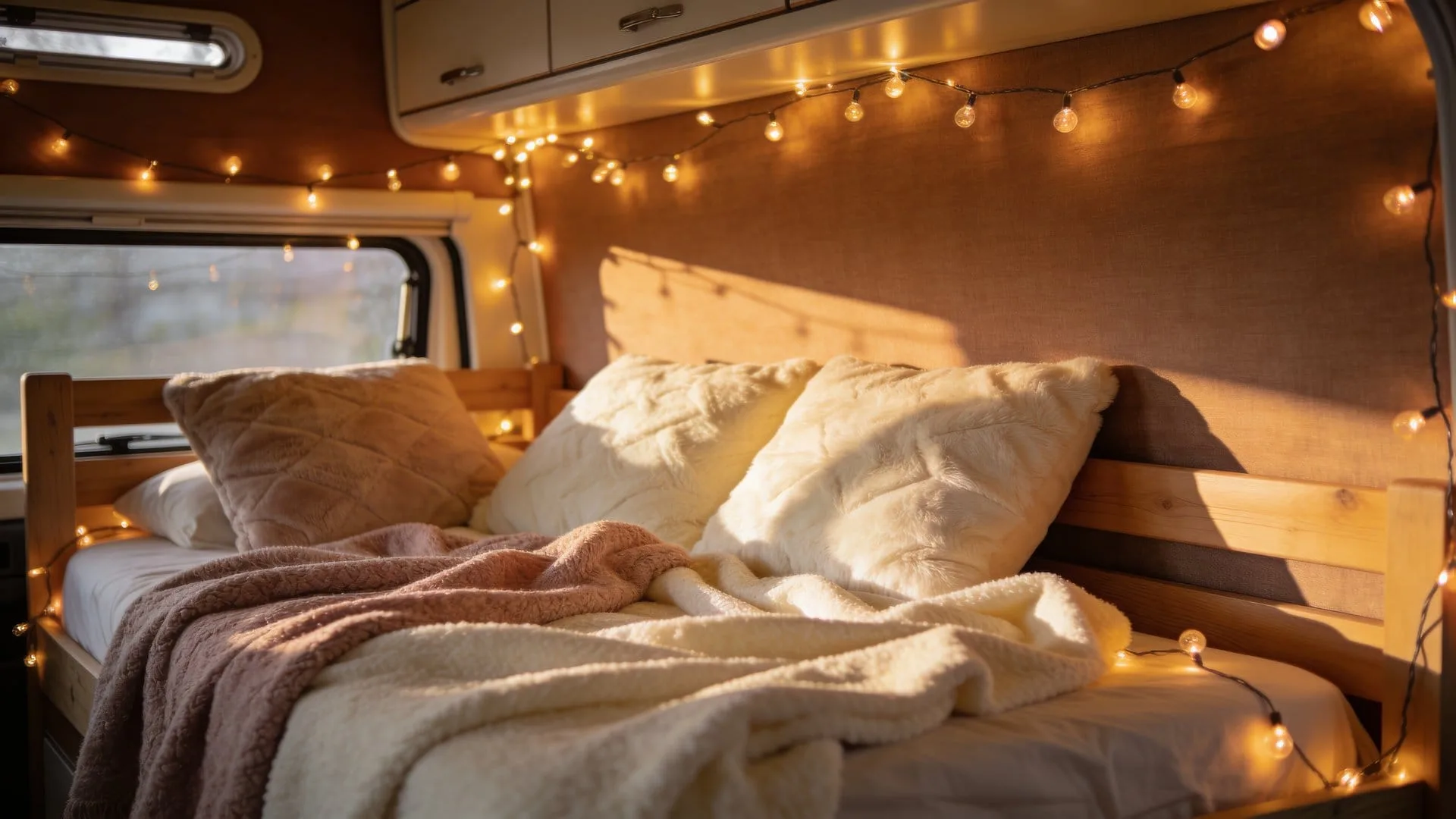 Cozy camper bedroom with layered bedding and warm lighting
