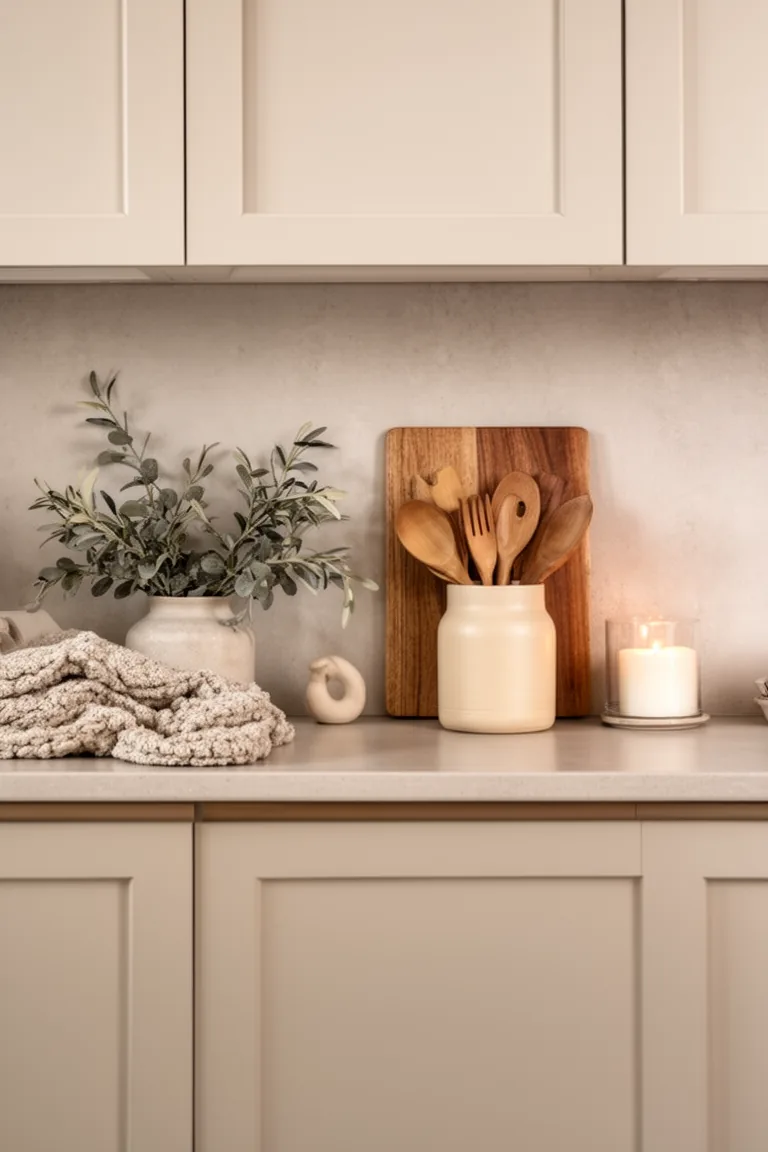 Clear kitchen counters with wood cutting boards and a ceramic crock