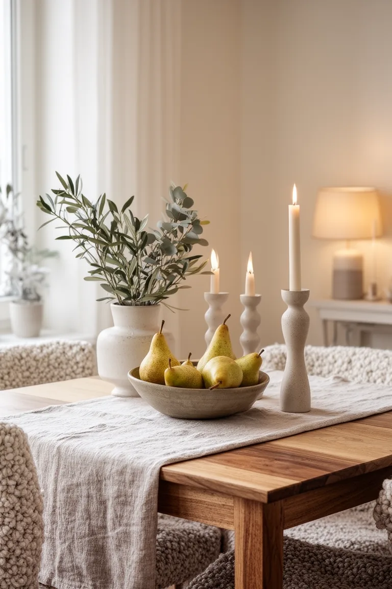 Dining table with a linen runner, candlesticks and a bowl of winter pears