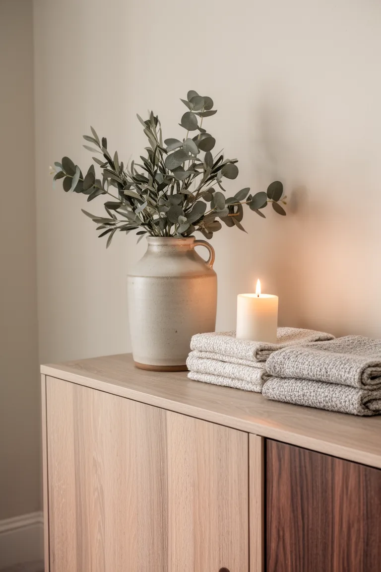 Sideboard with a eucalyptus jug and folded linen towels
