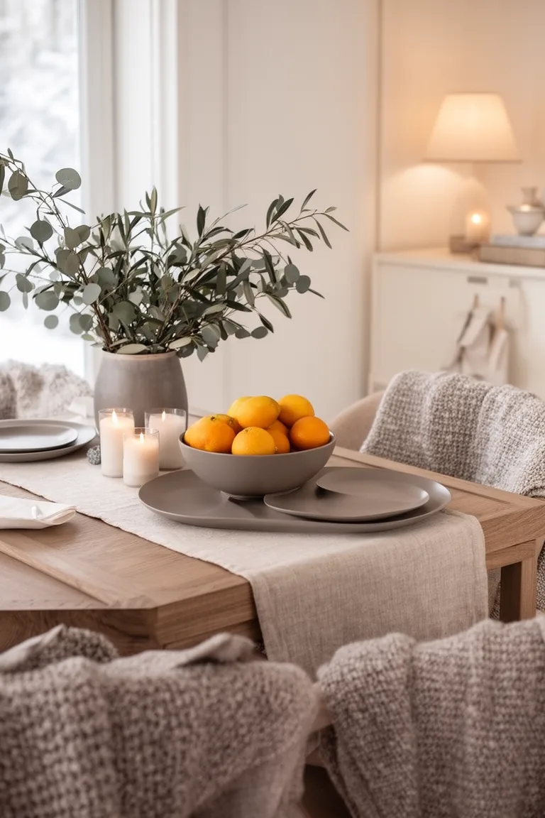 Low citrus centerpiece on a wood dining table with a linen runner