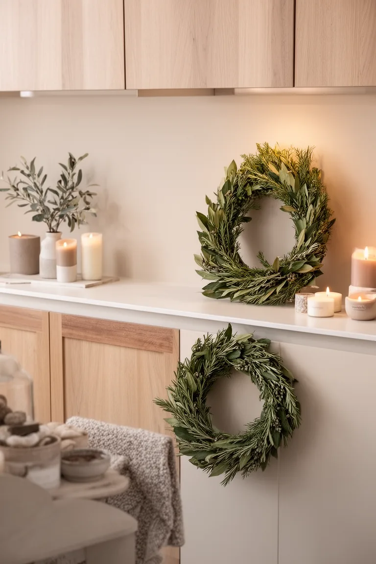 Unadorned bay and rosemary herb wreath on a clean kitchen counter