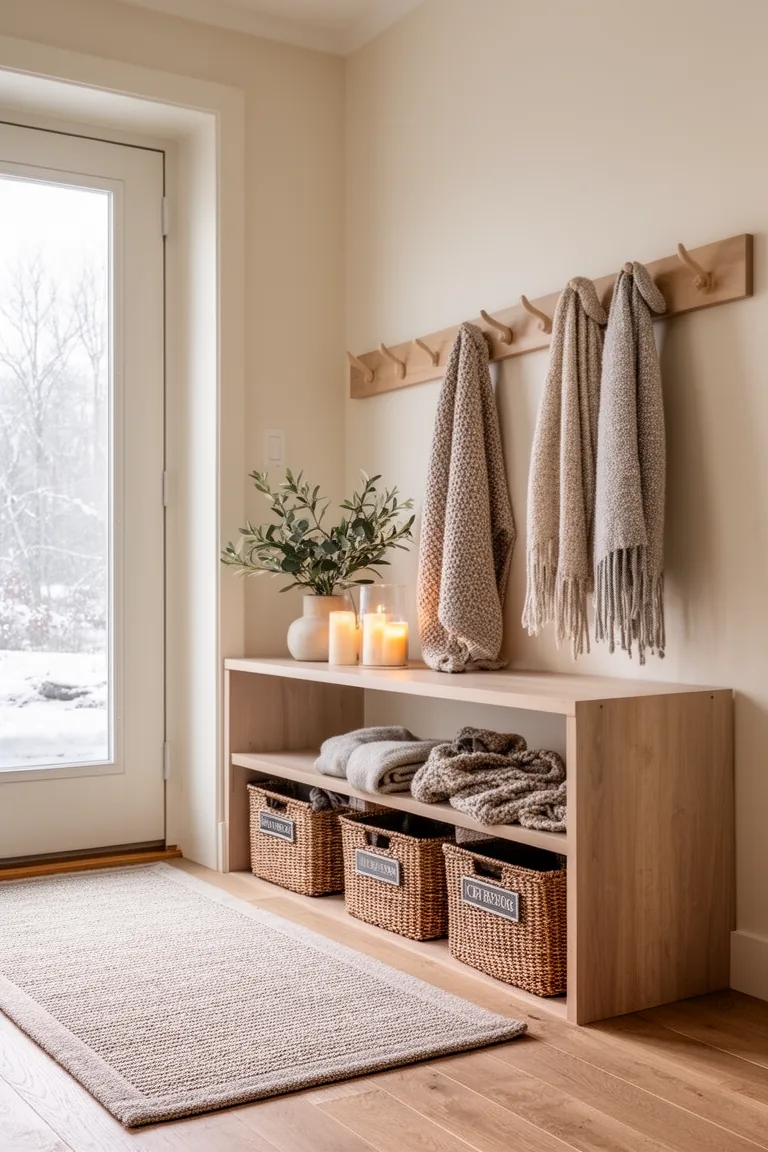 Functional winter entryway with neutral runner, hooks and woven baskets