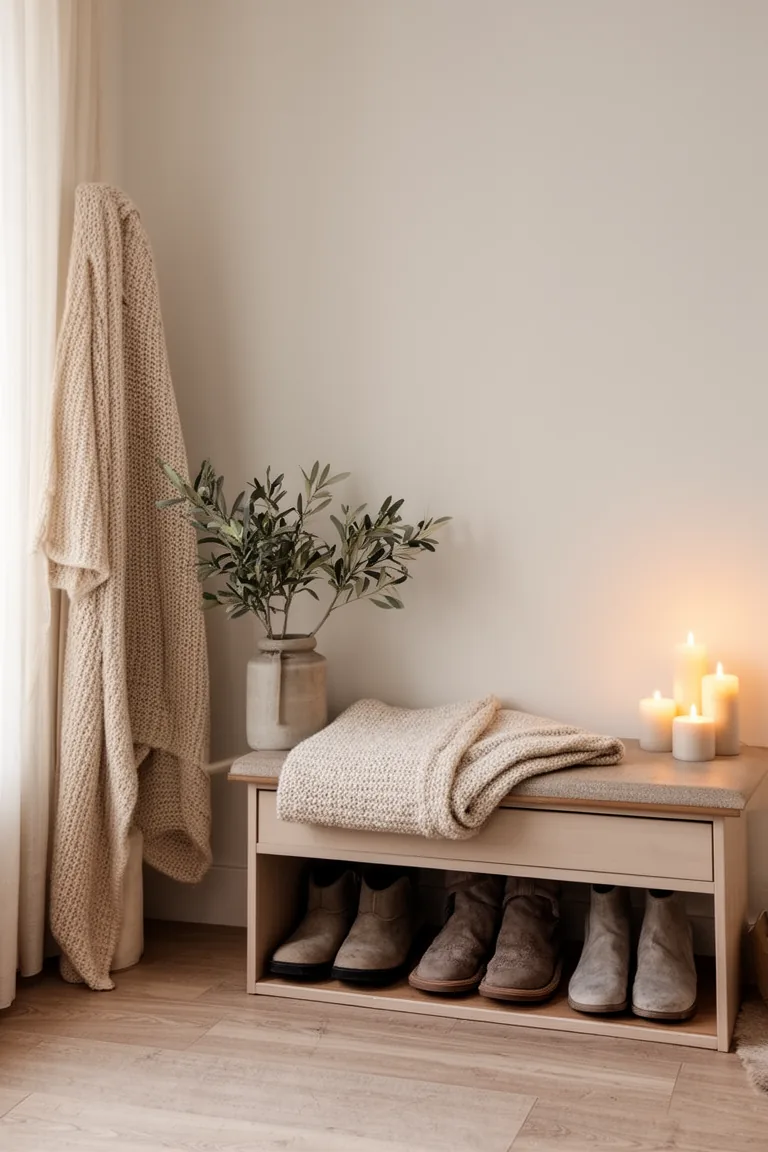 Slim entry bench with folded throw and neatly stored boots