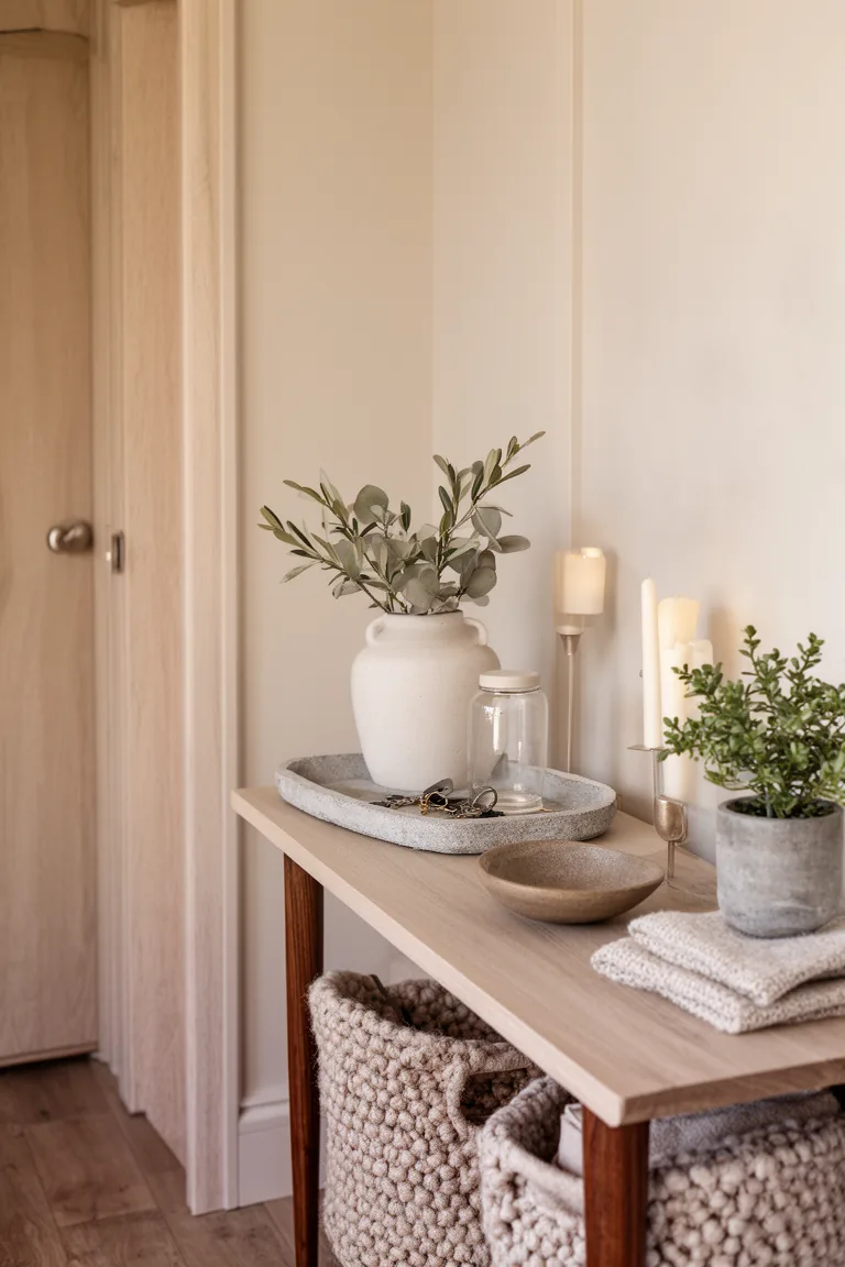 Narrow entry console with a stone key tray, bowl and a small potted plant