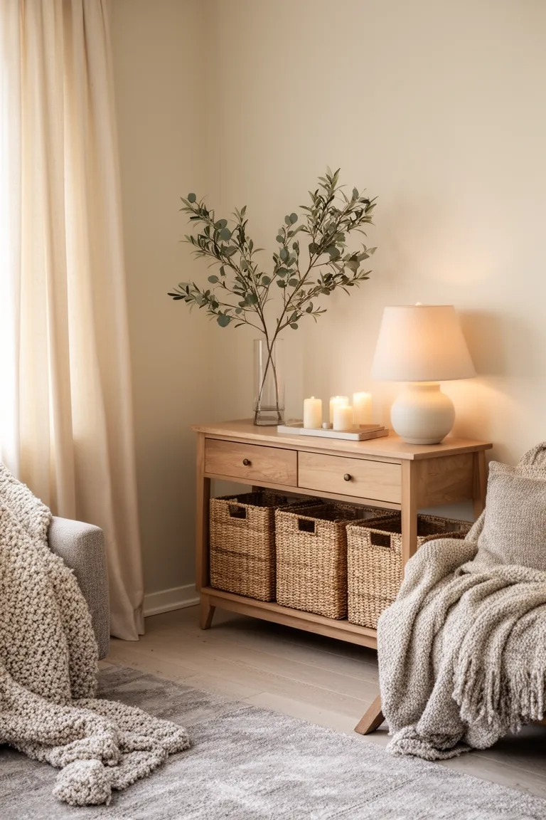 Woven baskets under a console with a tall eucalyptus branch vase