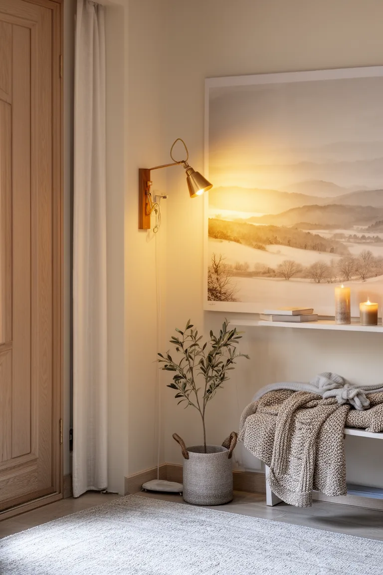 Welcoming entry corner with a warm lamp and a tonal landscape print