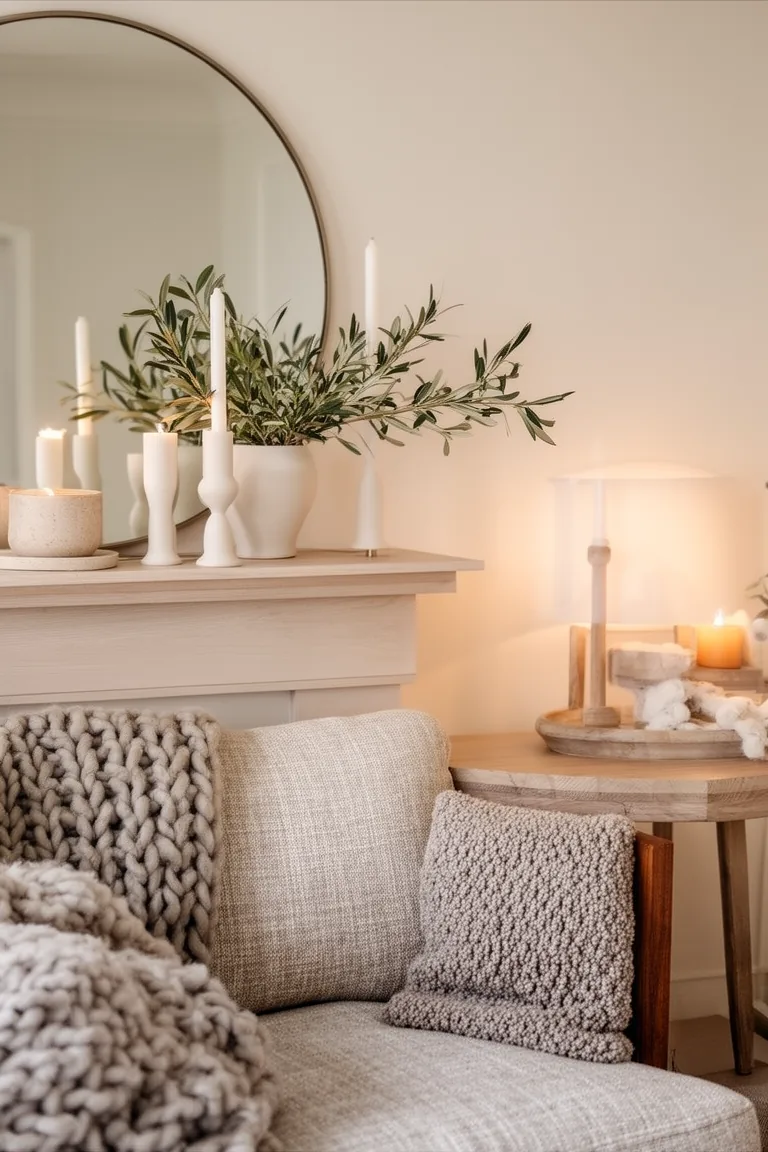 Pared-back mantel with round mirror, olive branches and candlesticks