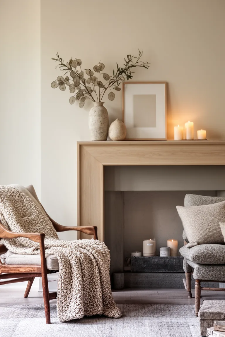 Minimal mantel with dried lunaria, ceramic object and neutral art