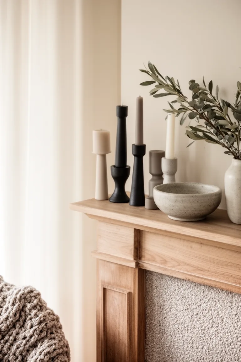 Quiet mantel with matte black and ceramic candlesticks and a stoneware bowl