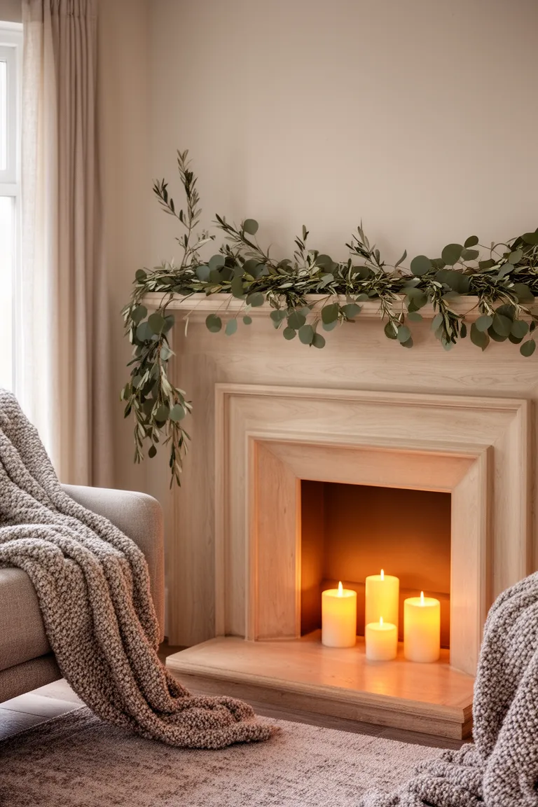 Calm mantel with a simple eucalyptus garland and warm pillar candles