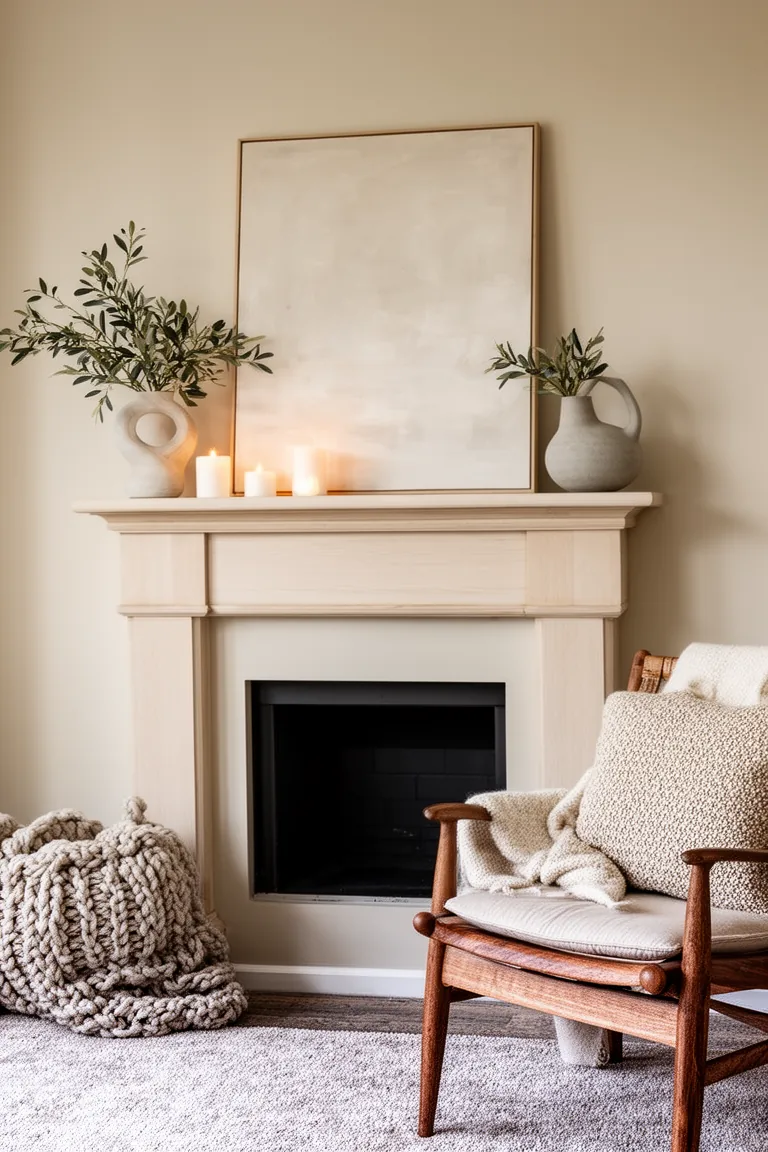 Gallery-style mantel with a neutral abstract canvas and a sculptural vase