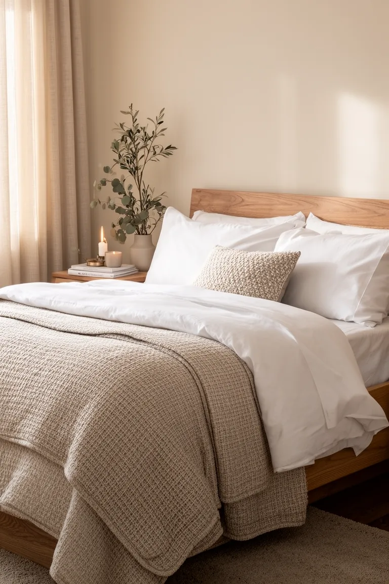 Serene bedroom with white percale sheets and an oat quilt in morning light