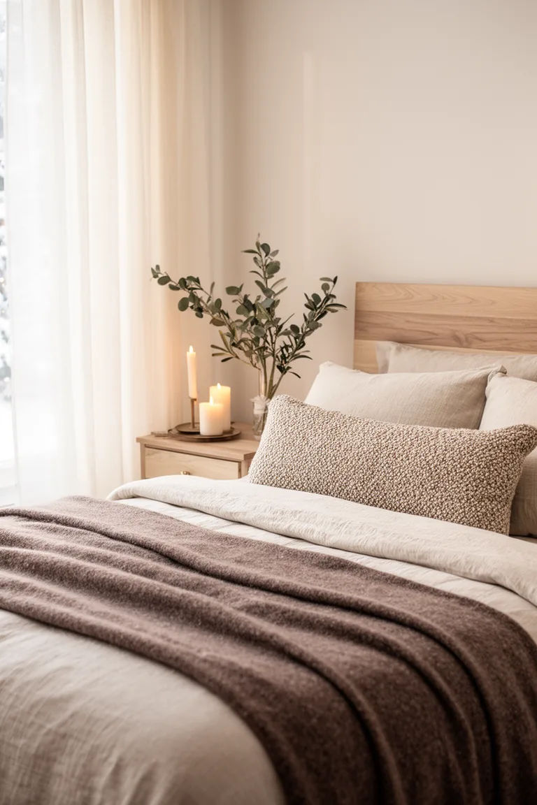 Bed layered with a mushroom wool throw and a boucle lumbar pillow