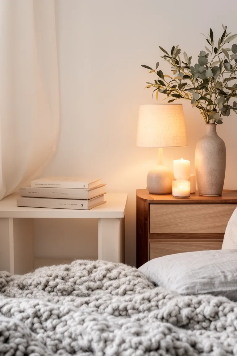 Minimal nightstand with a warm fabric-shade lamp and neutral books