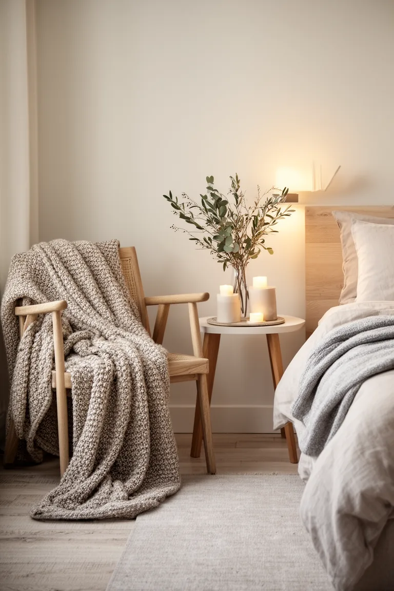 Calm bedroom corner with a draped throw and dried winter stems