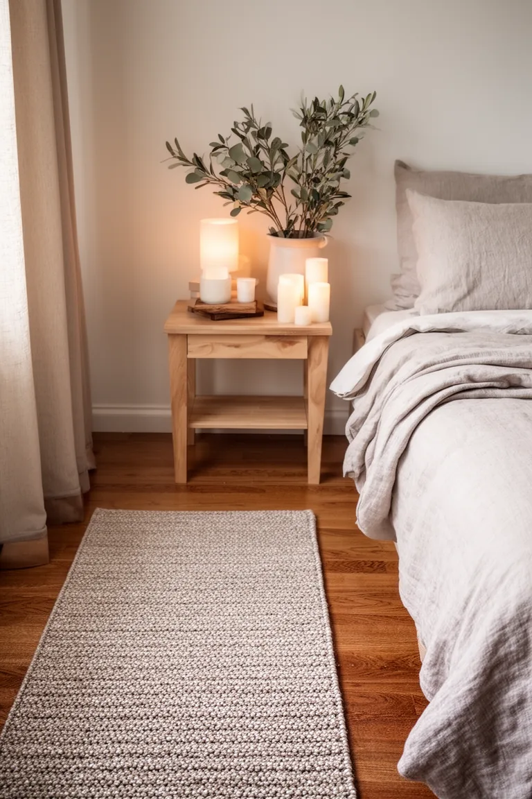 Low-pile neutral runner rug beside a bed with linen bedding