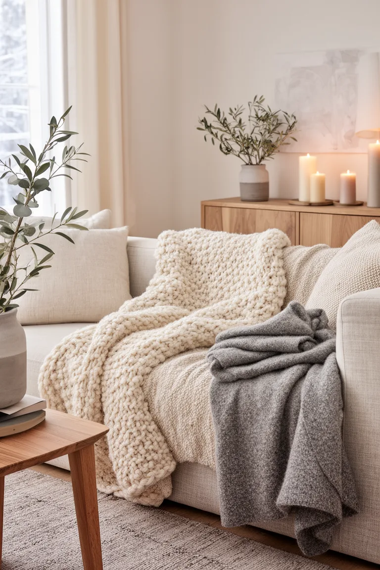 Linen sofa layered with chunky knit cream and oat throws