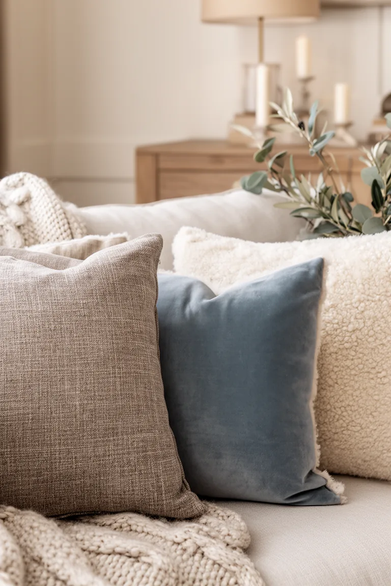 Closeup of mixed neutral throw pillows in linen velvet and shearling