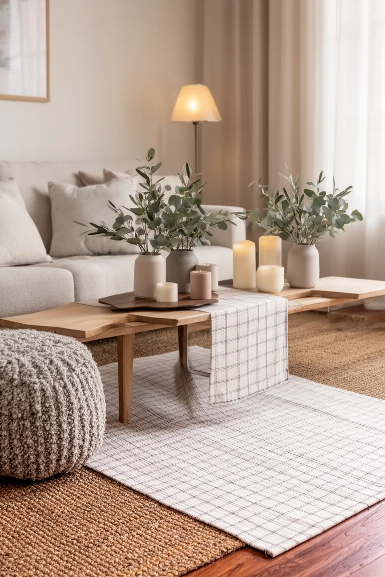 Jute rug layered with a subtle windowpane wool runner on wood floor