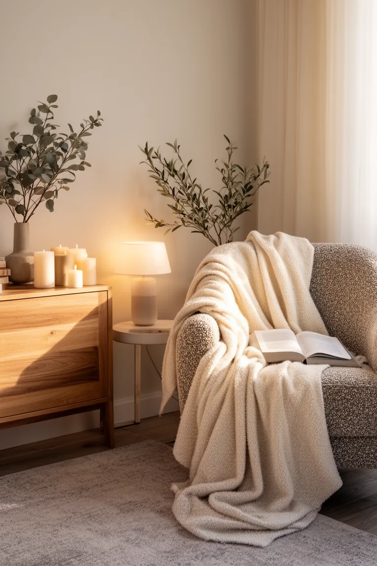 Boucle armchair draped with a cream wool blanket in a cozy corner