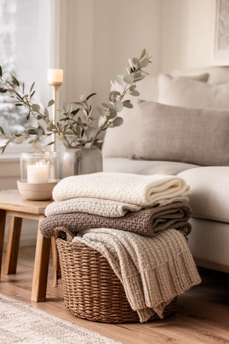 Folded neutral knit and linen throws in a woven basket by a sofa