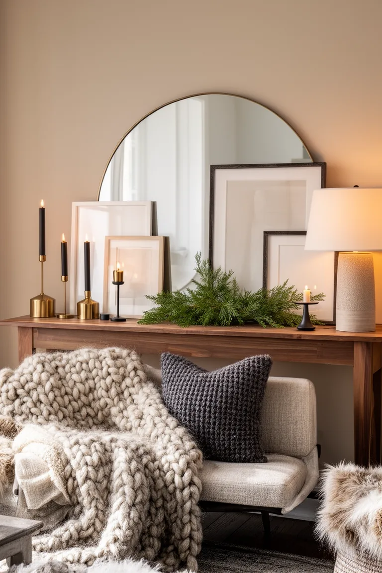 Calm console mantel with round mirror, layered art, candlesticks and cedar