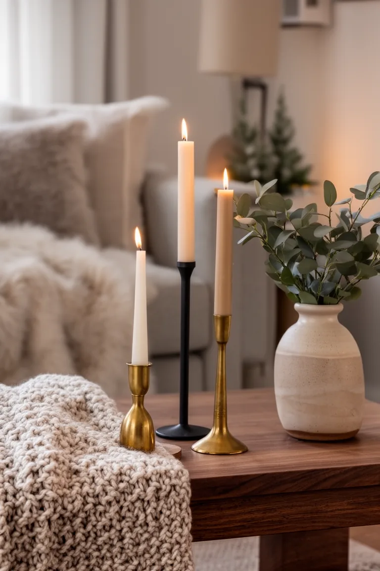 Tapered candles in brass and black holders beside a eucalyptus vase