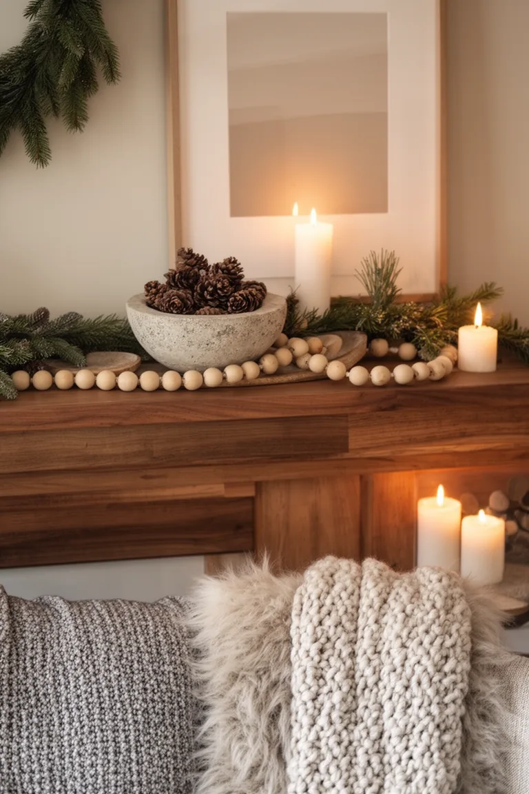 Serene mantel with stone bowl of pinecones, wood beads and tonal art