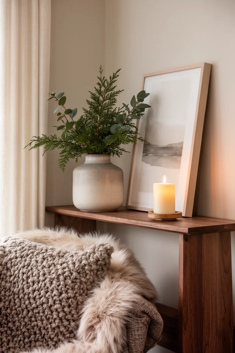 Minimal shelf vignette with leaned art, cedar arrangement and pillar candle